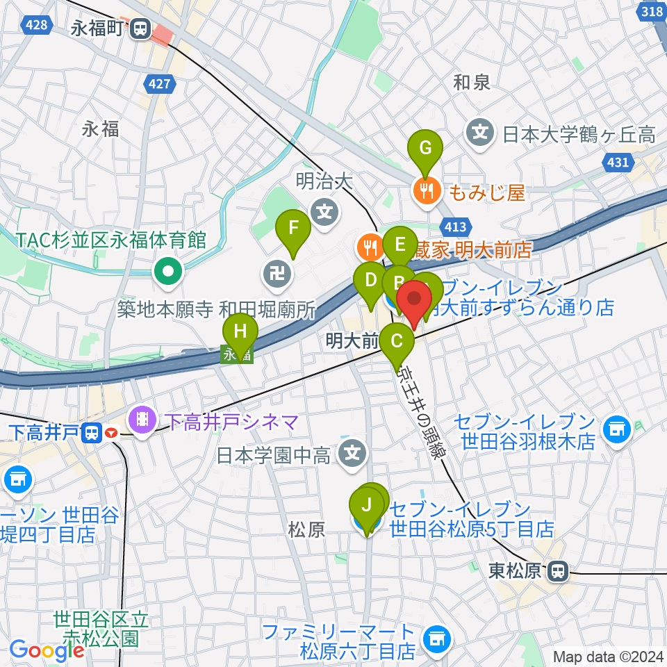 ガードアイランドスタジオ明大前店周辺のコンビニエンスストア一覧地図