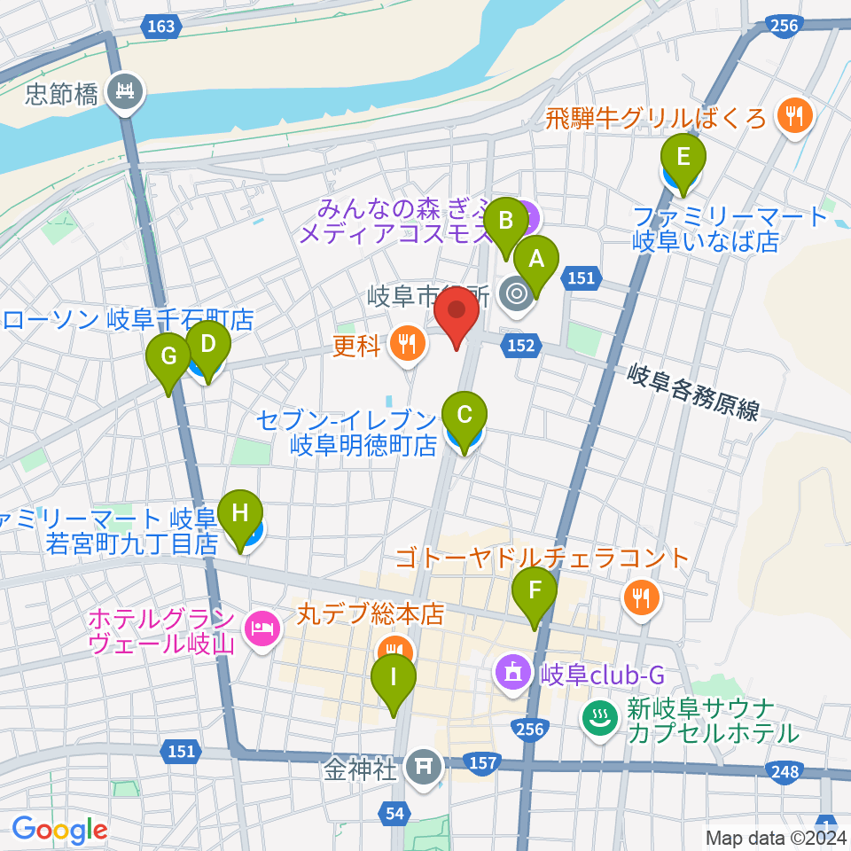 岐阜市民会館周辺のコンビニエンスストア一覧地図