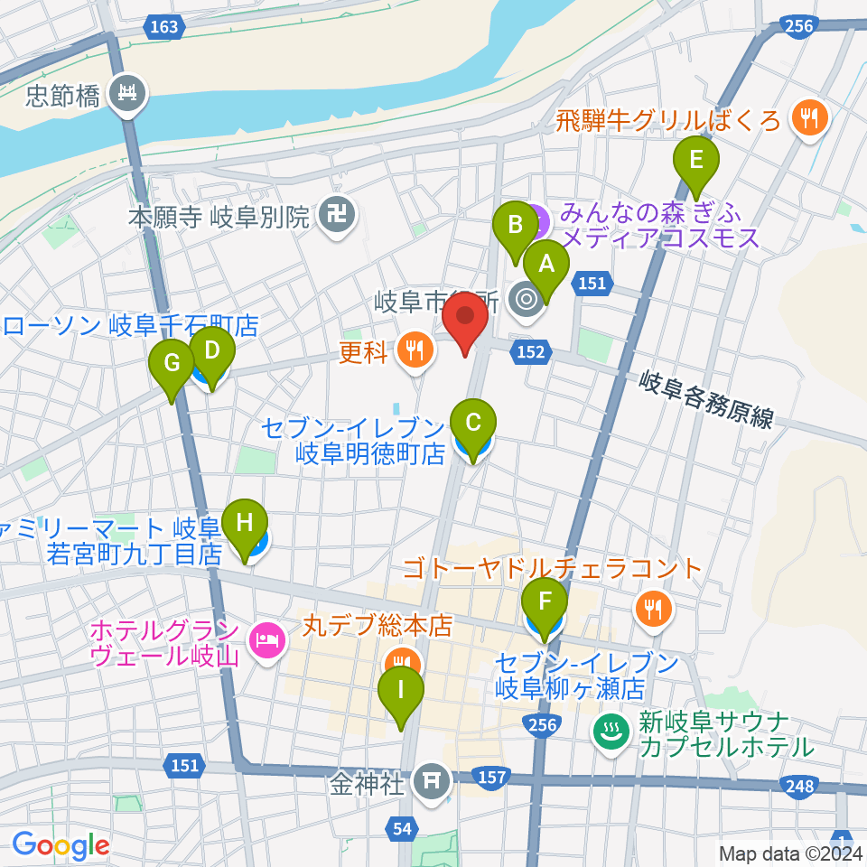 岐阜市民会館周辺のコンビニエンスストア一覧地図