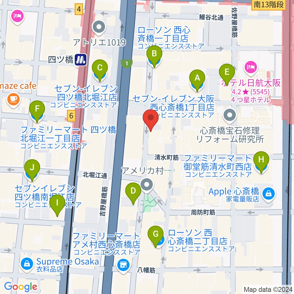 心斎橋AtlantiQs周辺のコンビニエンスストア一覧地図