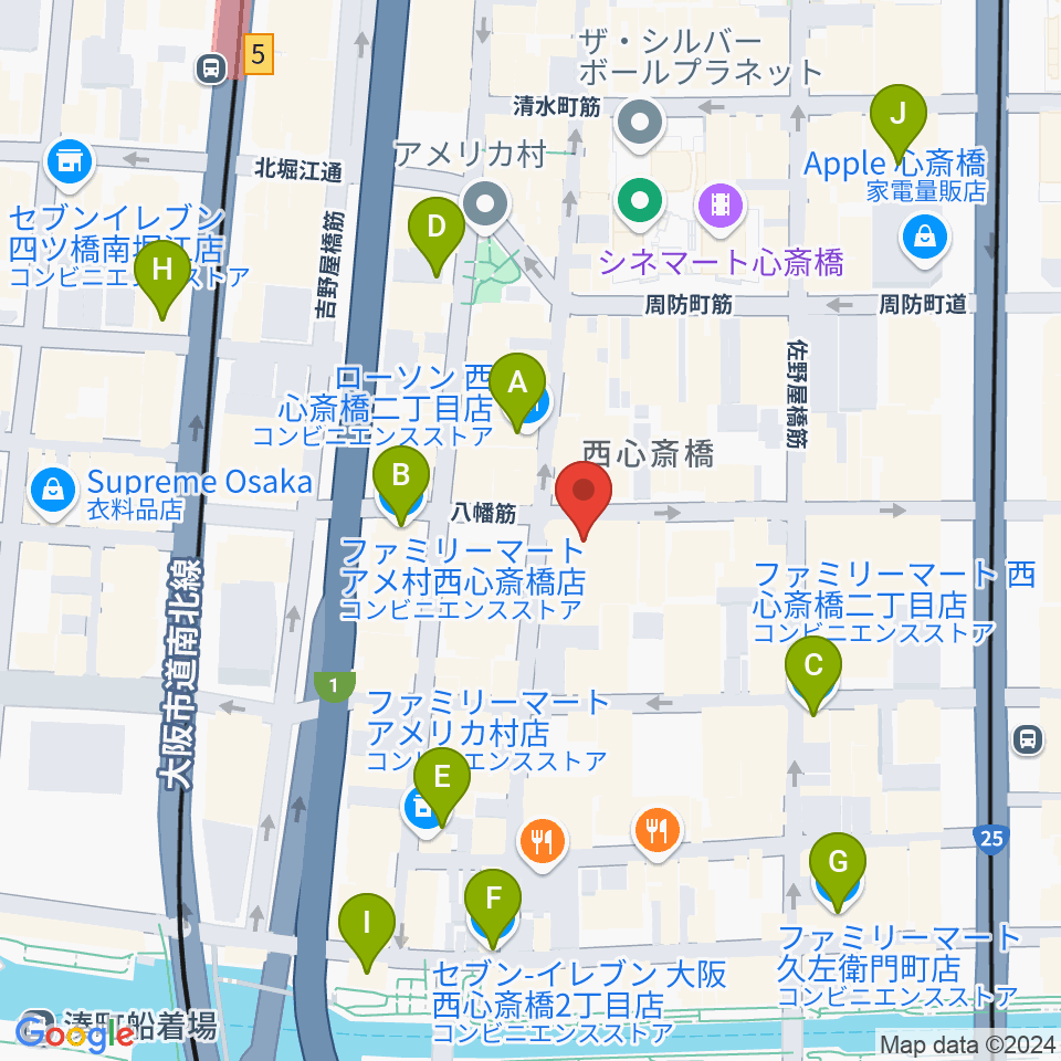 心斎橋SUNHALL周辺のコンビニエンスストア一覧地図