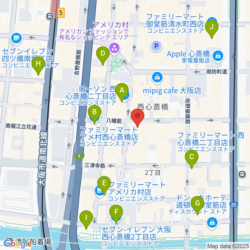 心斎橋SUNHALL周辺のコンビニエンスストア一覧地図