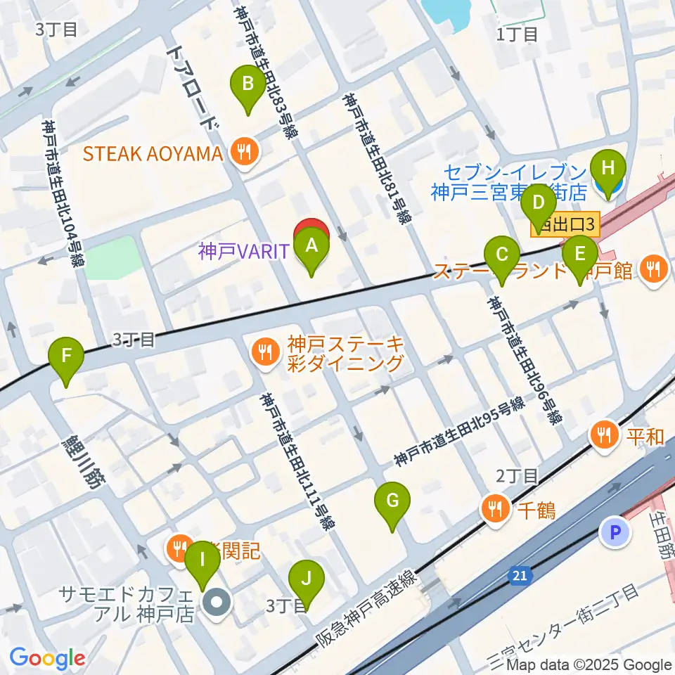 神戸VARIT.周辺のコンビニエンスストア一覧地図