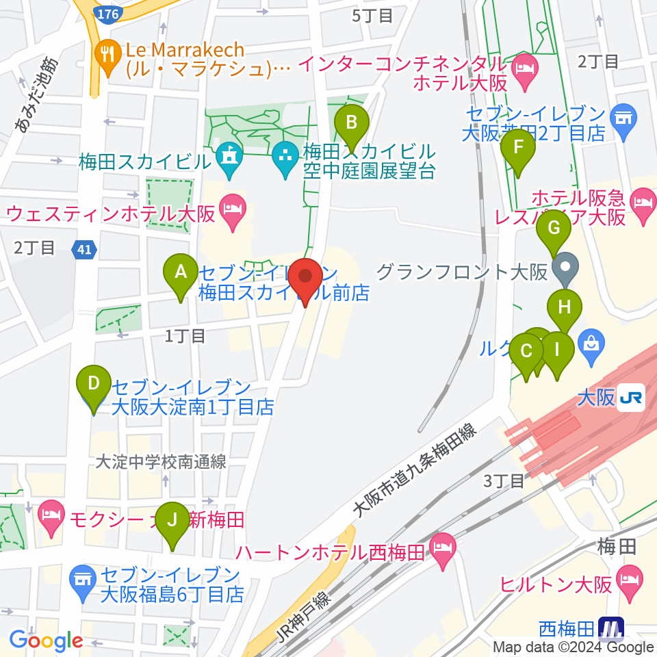梅田シャングリラ周辺のコンビニエンスストア一覧地図