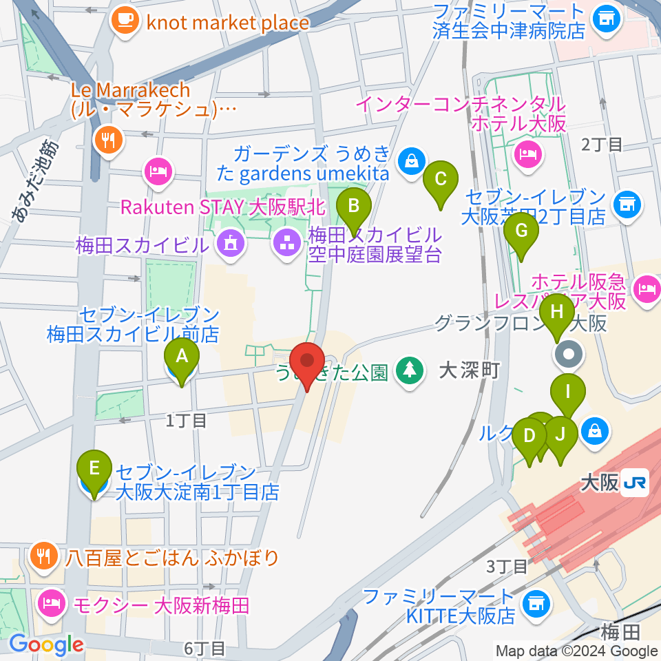 梅田シャングリラ周辺のコンビニエンスストア一覧地図