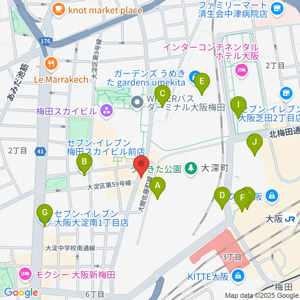 梅田シャングリラ周辺のコンビニエンスストア一覧地図