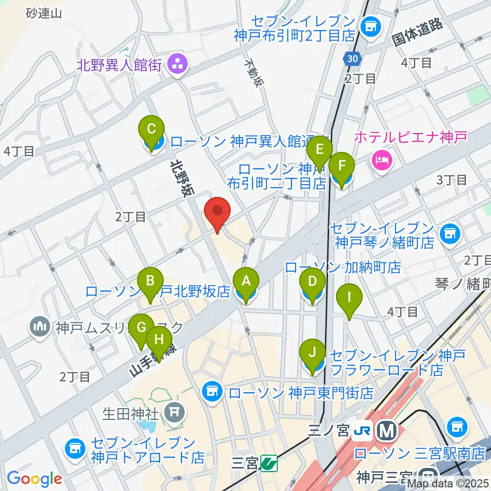 三ノ宮エリース周辺のコンビニエンスストア一覧地図
