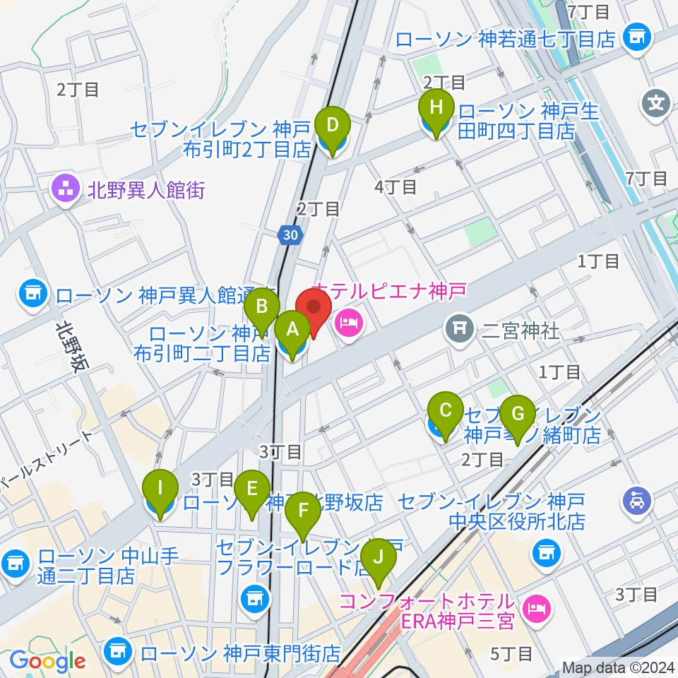 神戸三宮CASHBOX周辺のコンビニエンスストア一覧地図