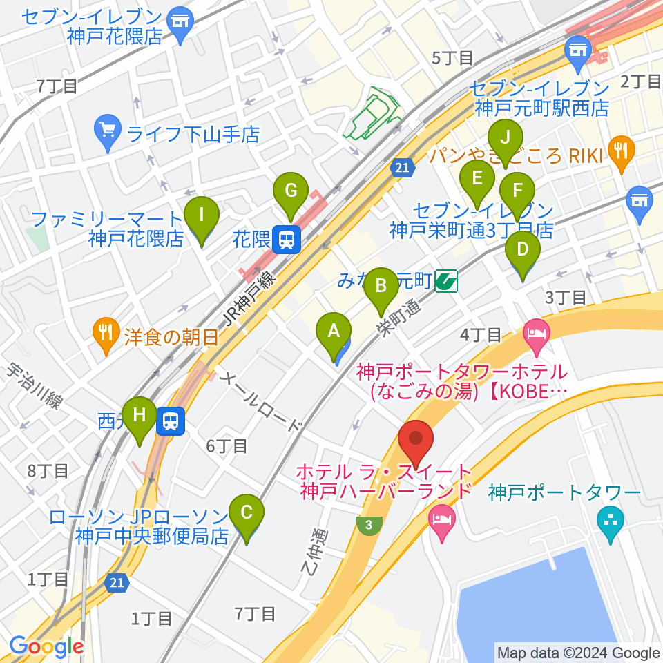 神戸ジェームスブルースランド周辺のコンビニエンスストア一覧地図