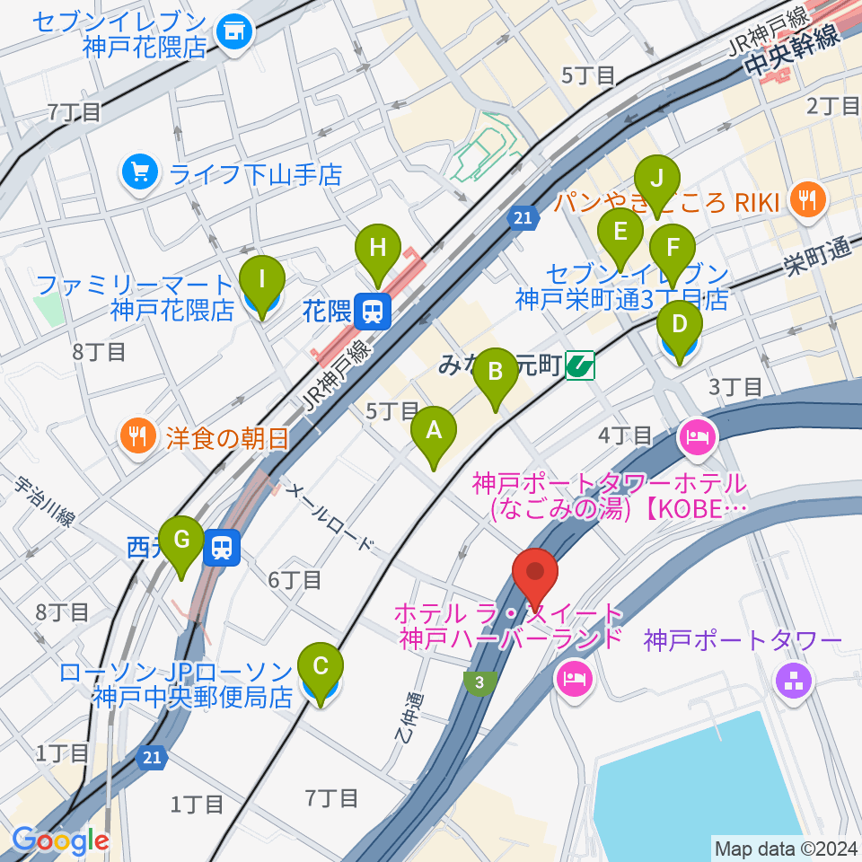 神戸ジェームスブルースランド周辺のコンビニエンスストア一覧地図