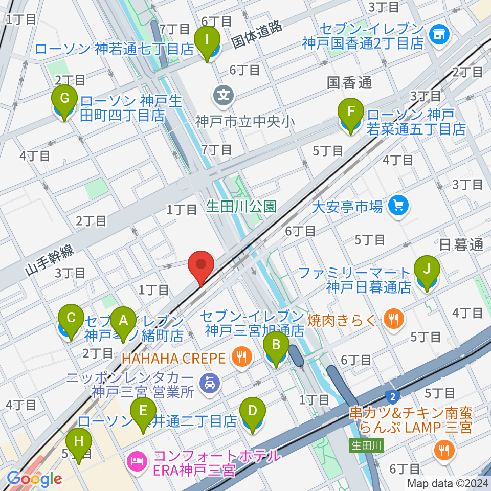 神戸三宮KINGSX周辺のコンビニエンスストア一覧地図