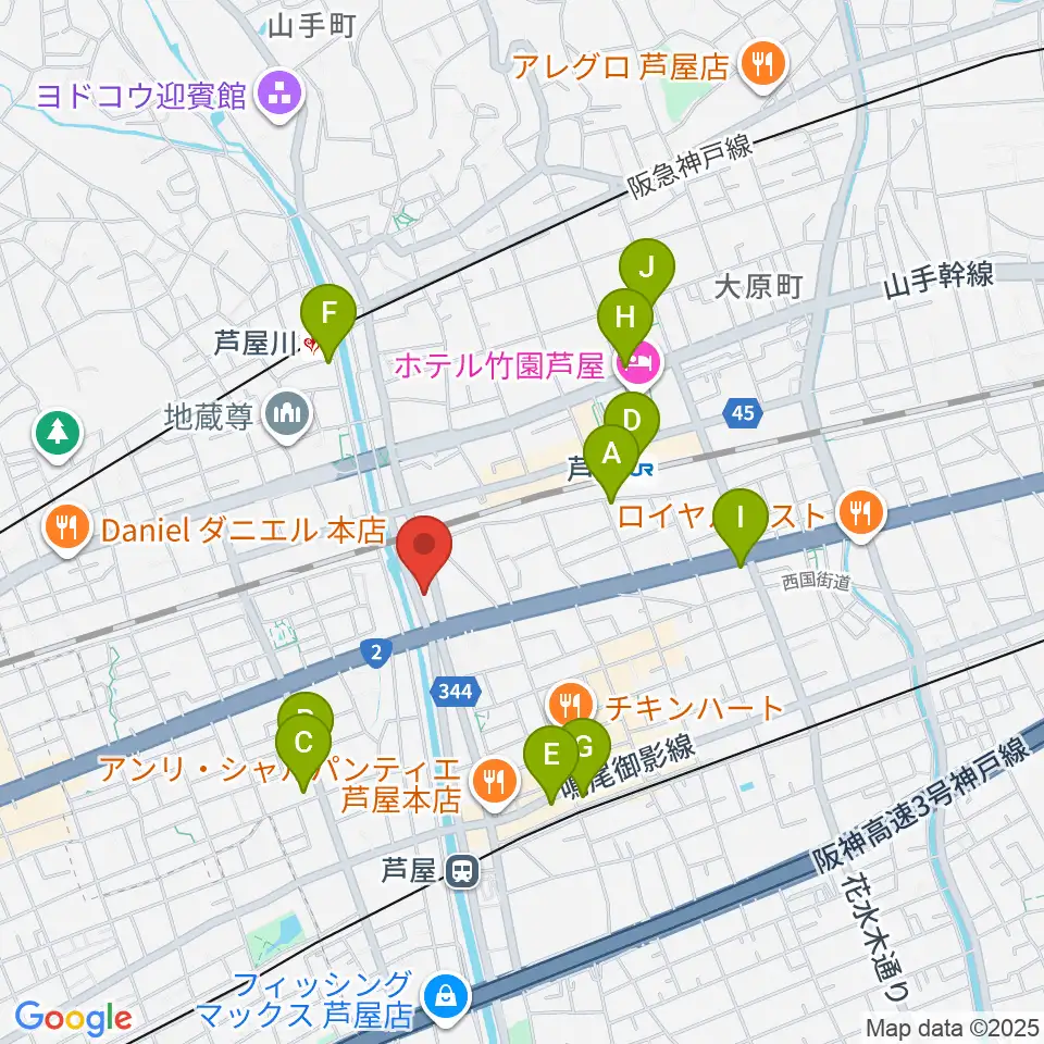 ルネサンスクラシックス芦屋ルナ・ホール周辺のコンビニエンスストア一覧地図