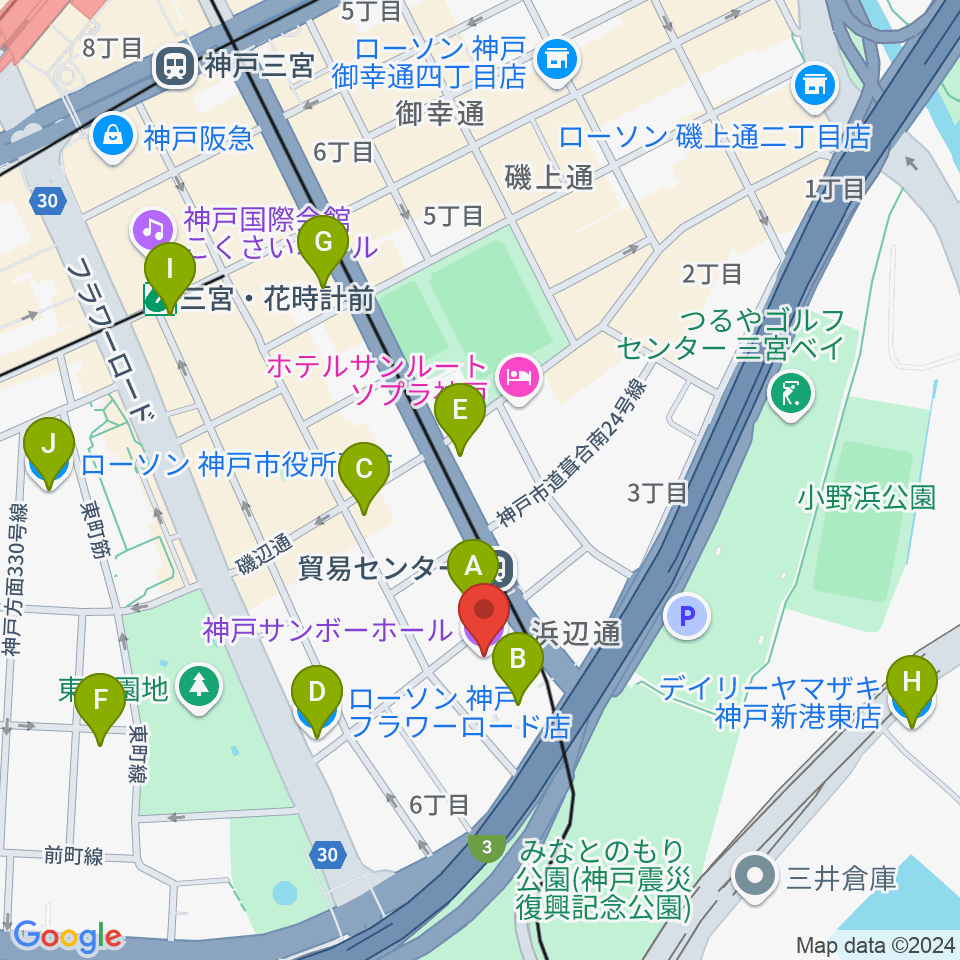 神戸サンボーホール周辺のコンビニエンスストア一覧地図