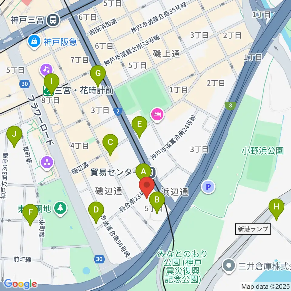 神戸サンボーホール周辺のコンビニエンスストア一覧地図