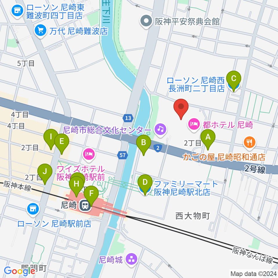 尼崎市総合文化センター周辺のコンビニエンスストア一覧地図