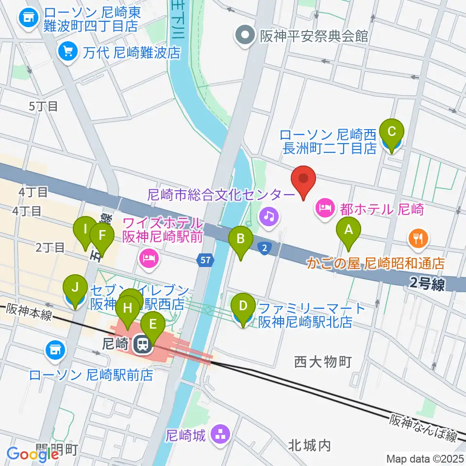 尼崎市総合文化センター周辺のコンビニエンスストア一覧地図