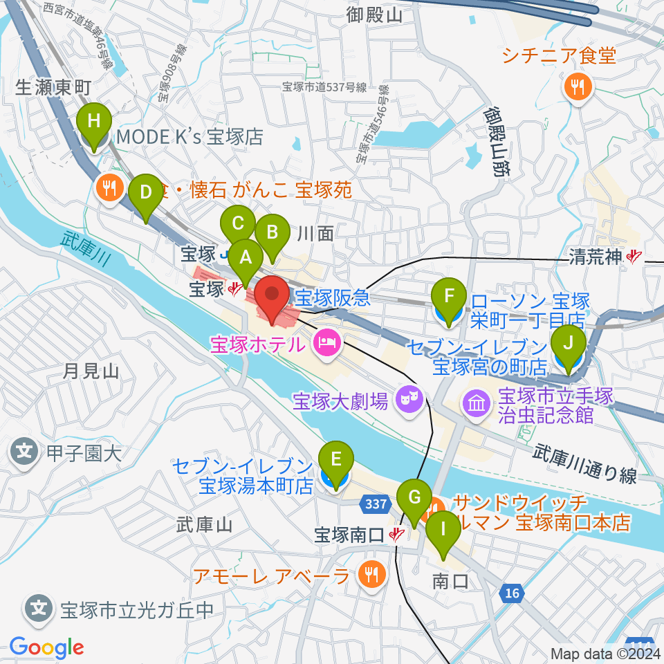 宝塚ソリオホール周辺のコンビニエンスストア一覧地図