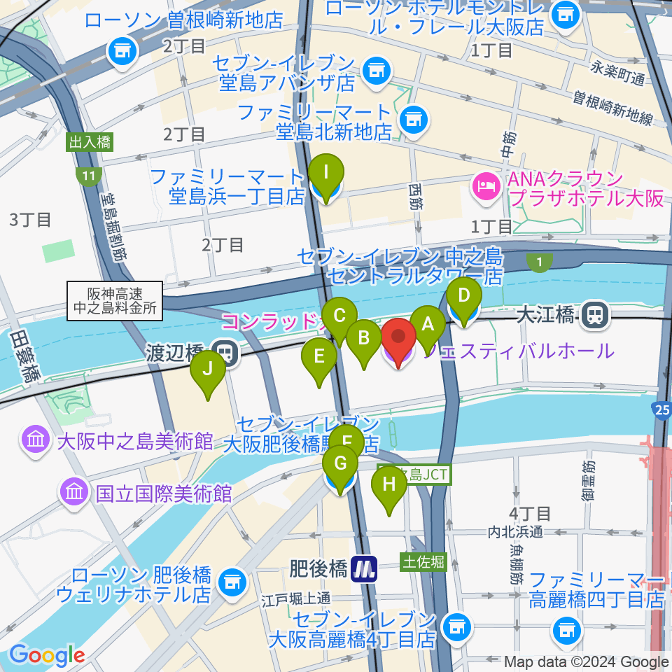 フェスティバルホール周辺のコンビニエンスストア一覧地図