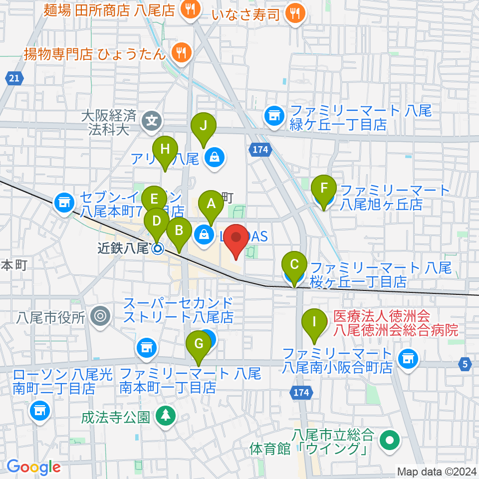 八尾市文化会館プリズムホール周辺のコンビニエンスストア一覧地図