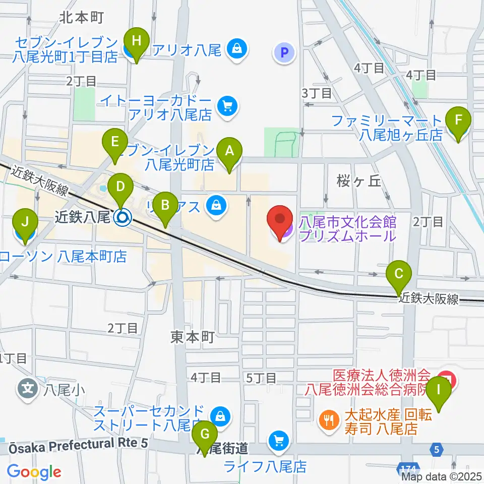 八尾市文化会館プリズムホール周辺のコンビニエンスストア一覧地図