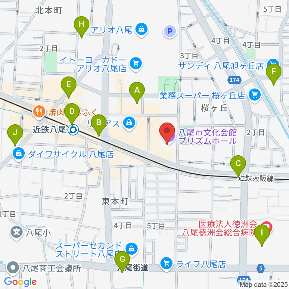 八尾市文化会館プリズムホール周辺のコンビニエンスストア一覧地図
