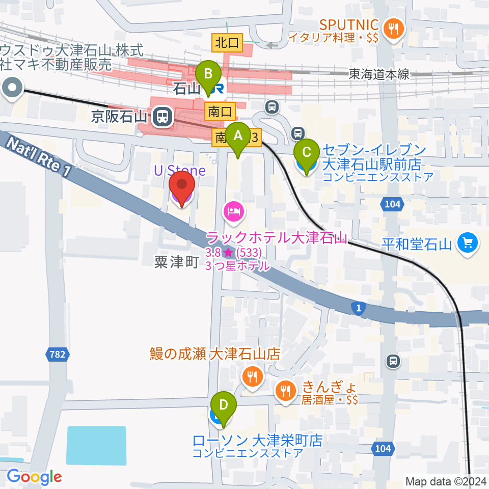 滋賀ユーストン周辺のコンビニエンスストア一覧地図