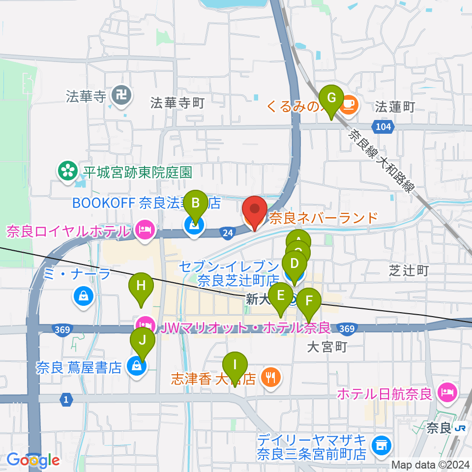 奈良ネバーランド周辺のコンビニエンスストア一覧地図