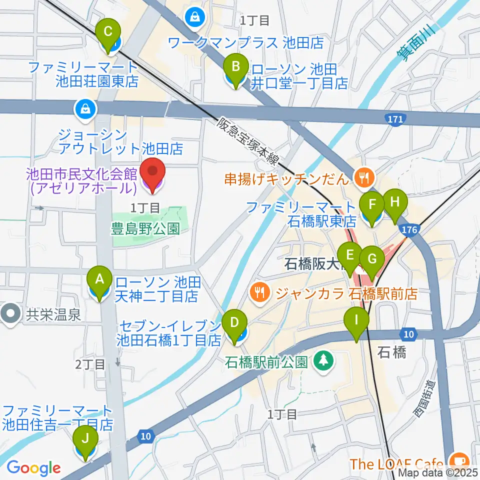 池田市民文化会館周辺のコンビニエンスストア一覧地図