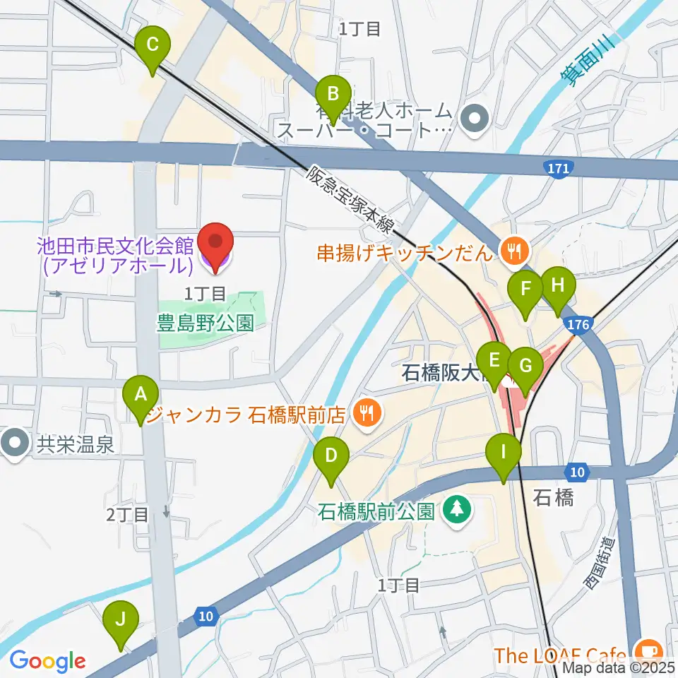 池田市民文化会館周辺のコンビニエンスストア一覧地図