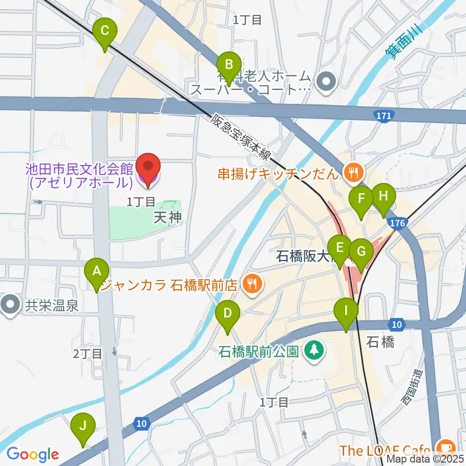 池田市民文化会館周辺のコンビニエンスストア一覧地図