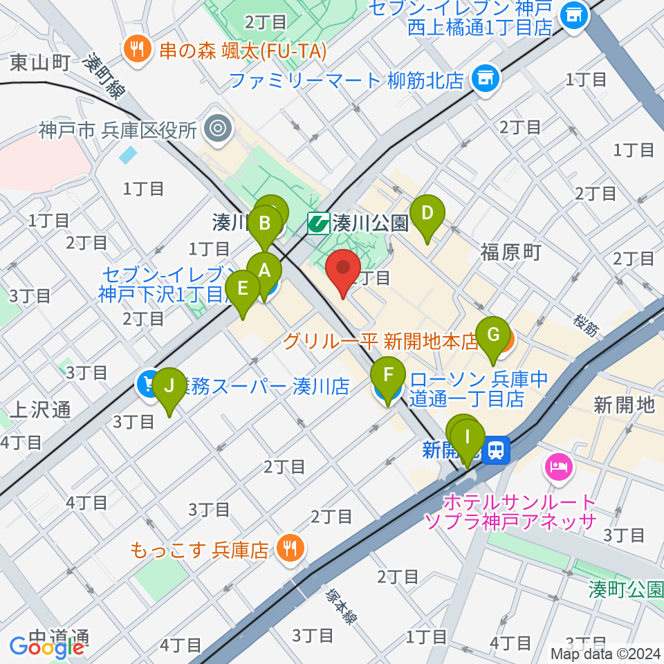 湊川Cafe sun周辺のコンビニエンスストア一覧地図