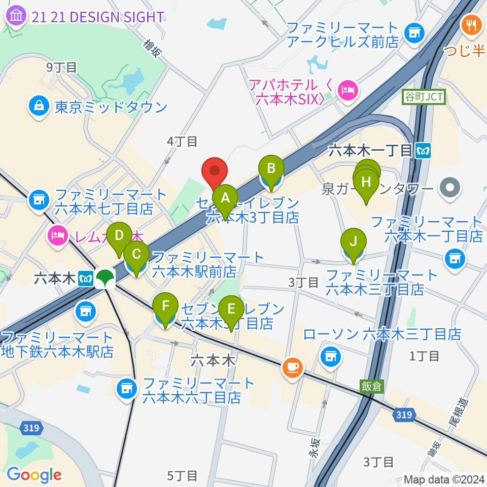 六本木ケントス周辺のコンビニエンスストア一覧地図