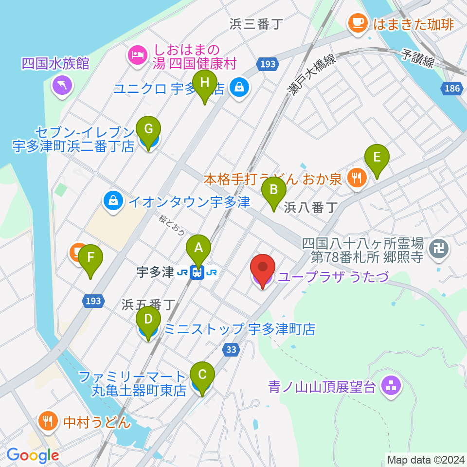 ユープラザうたづ周辺のコンビニエンスストア一覧地図