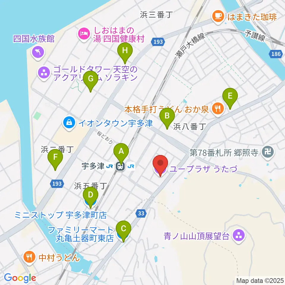 ユープラザうたづ周辺のコンビニエンスストア一覧地図