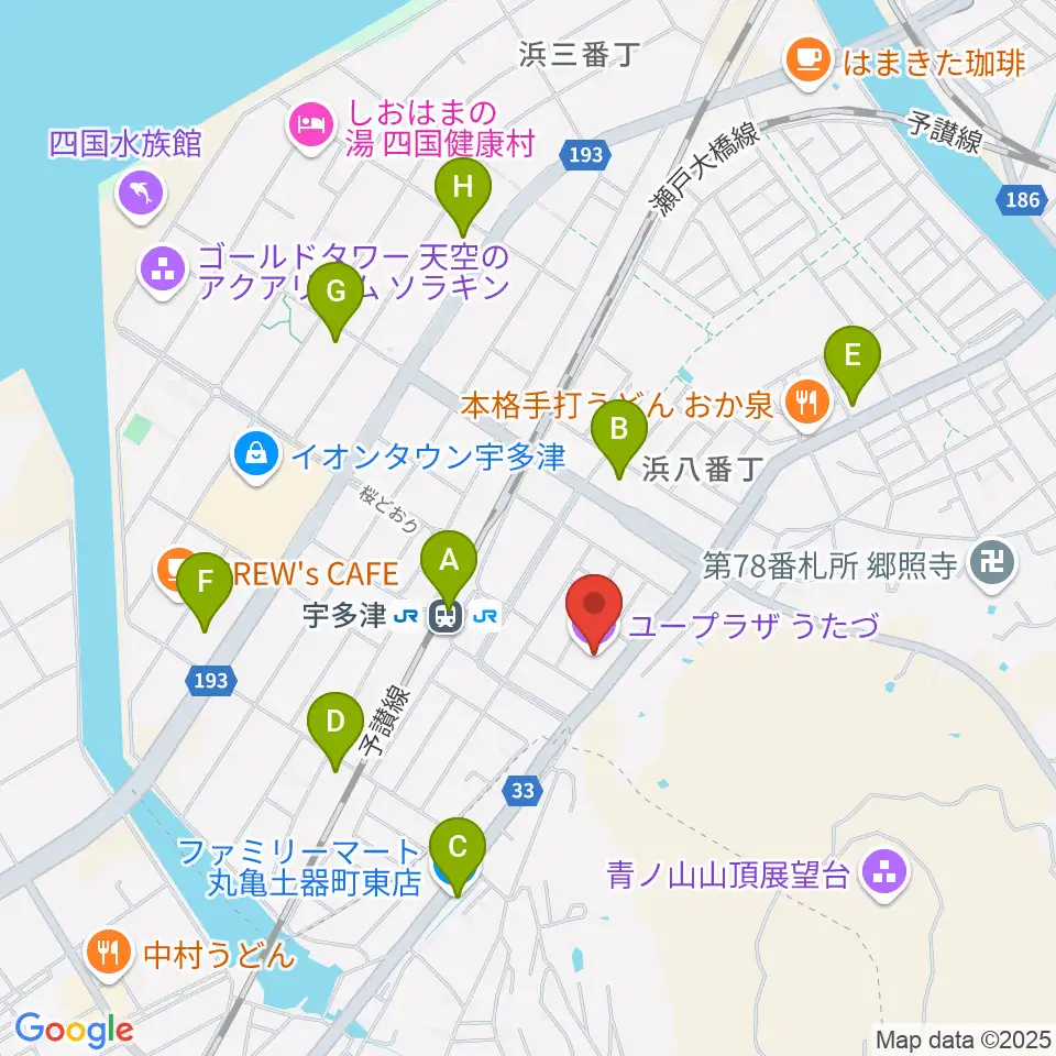 ユープラザうたづ周辺のコンビニエンスストア一覧地図