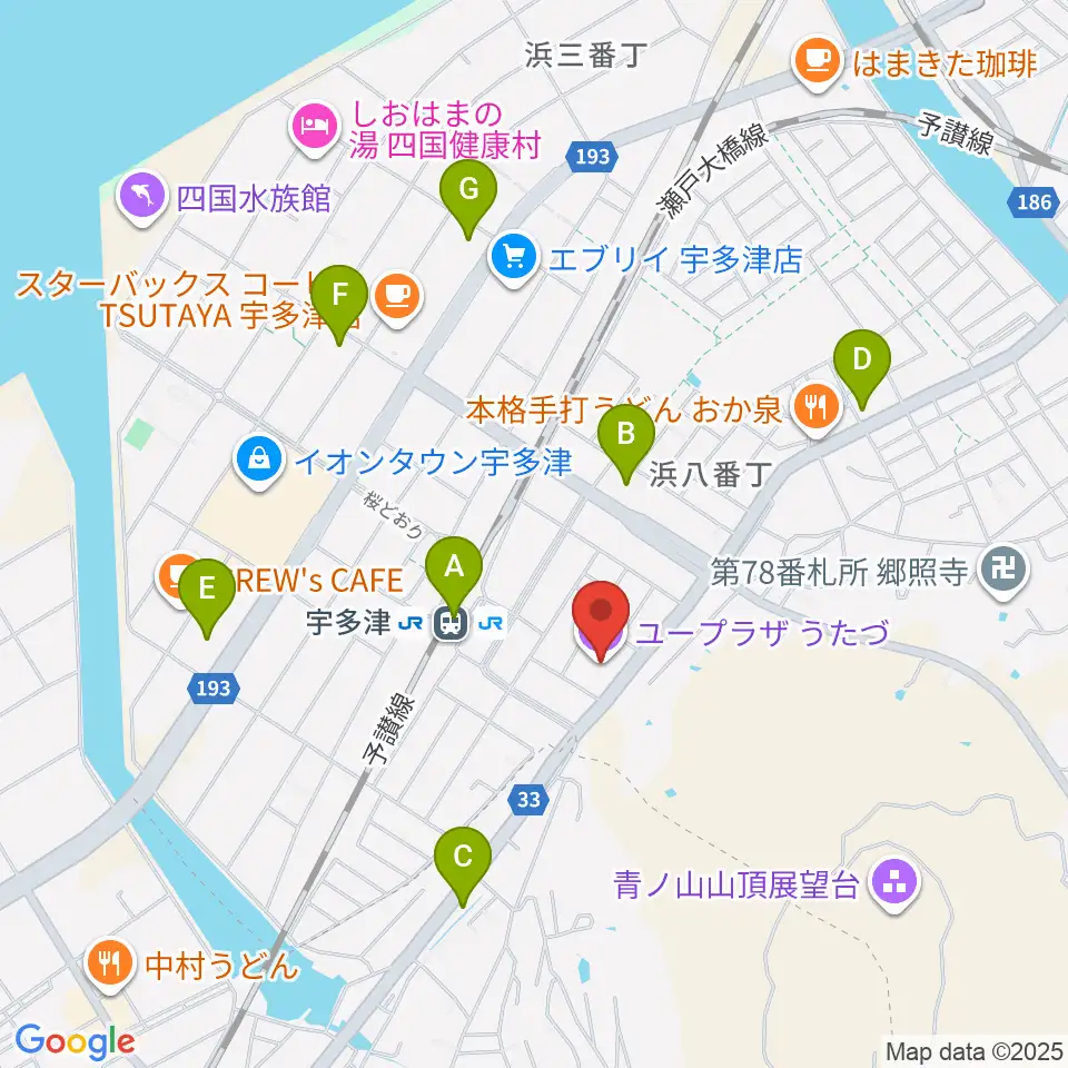 ユープラザうたづ周辺のコンビニエンスストア一覧地図