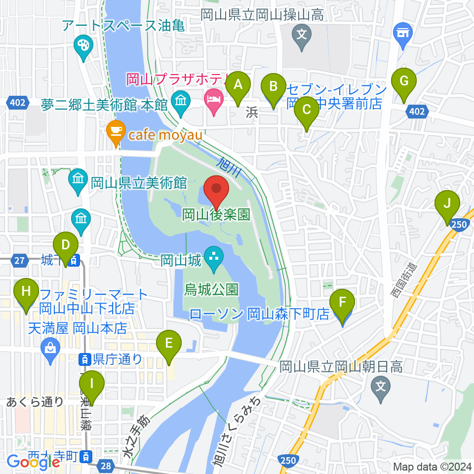 岡山後楽園周辺のコンビニエンスストア一覧地図