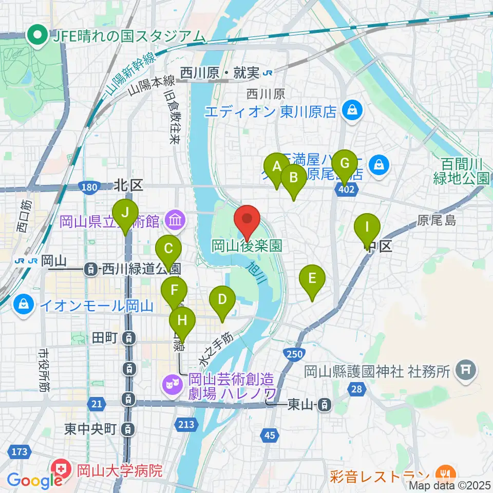 岡山後楽園周辺のコンビニエンスストア一覧地図