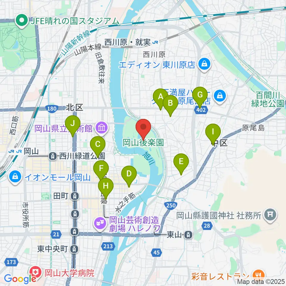 岡山後楽園周辺のコンビニエンスストア一覧地図