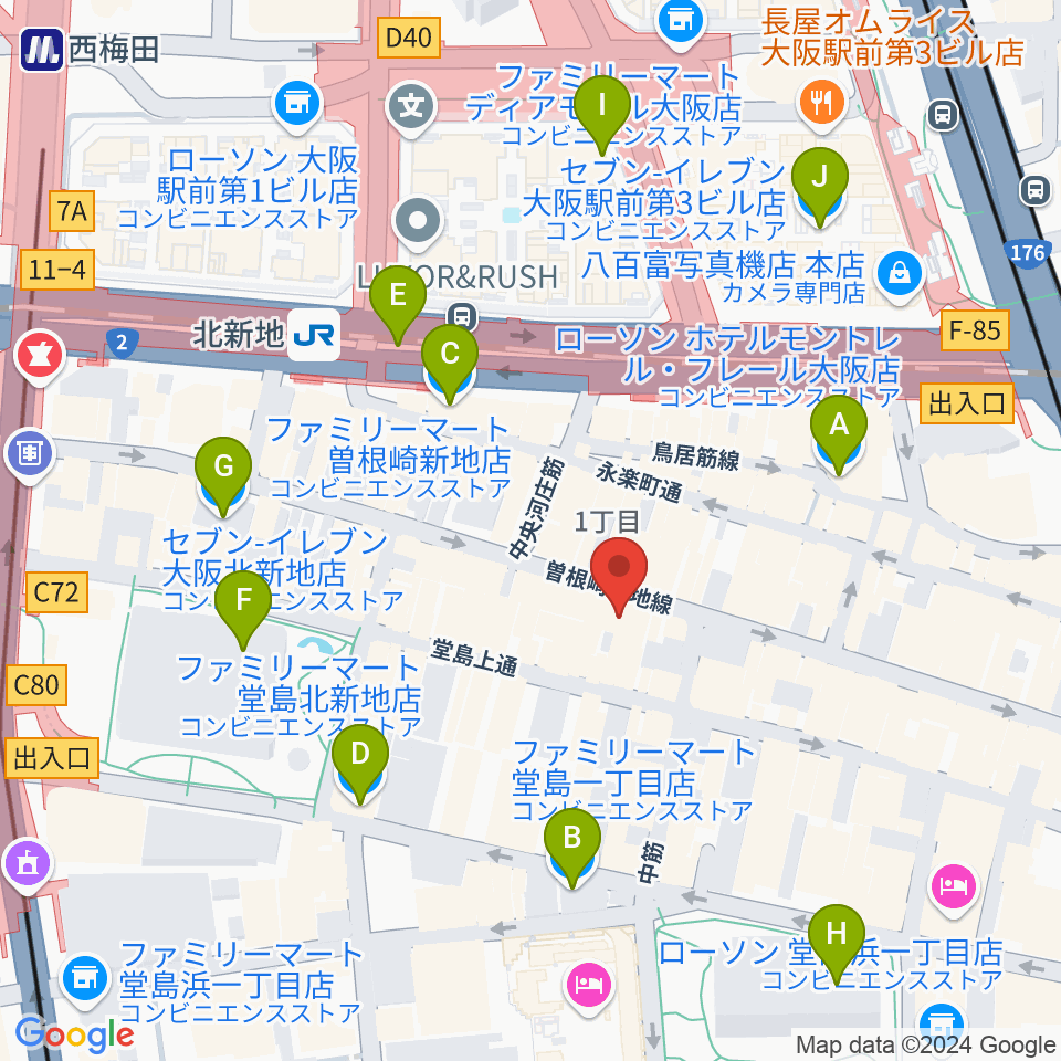 北新地ジャズバー96 クロ周辺のコンビニエンスストア一覧地図