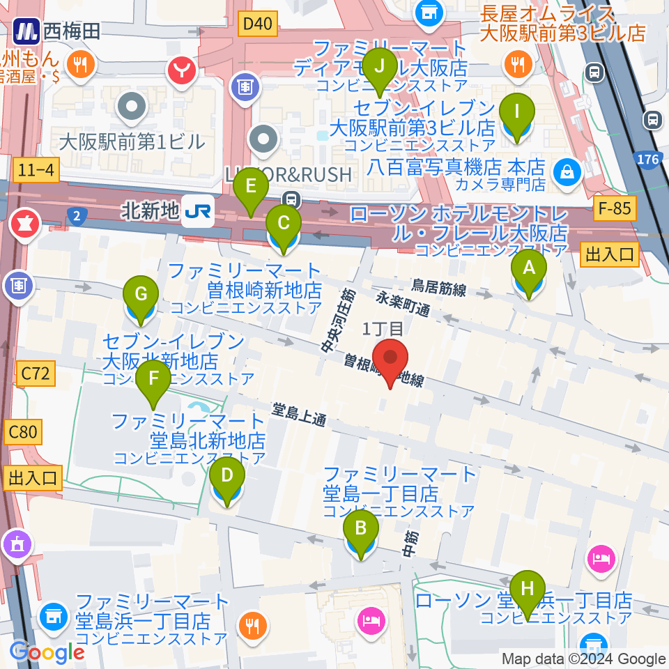 北新地ジャズバー96 クロ周辺のコンビニエンスストア一覧地図