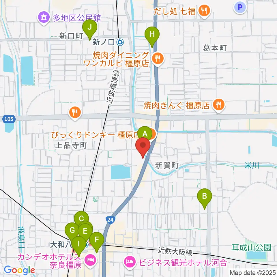 天理楽器 橿原本店・ホール音蔵周辺のコンビニエンスストア一覧地図