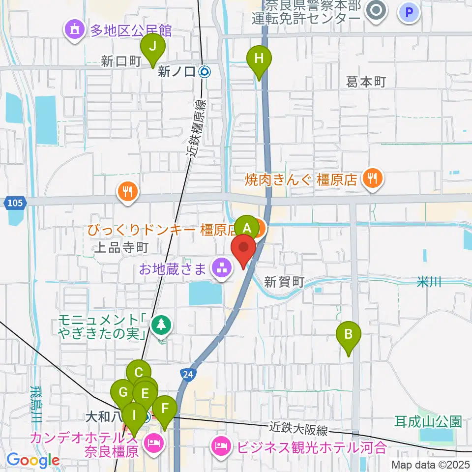 天理楽器 橿原本店・ホール音蔵周辺のコンビニエンスストア一覧地図