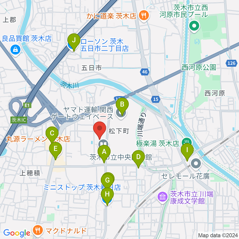 茨木市立生涯学習センターきらめき周辺のコンビニエンスストア一覧地図