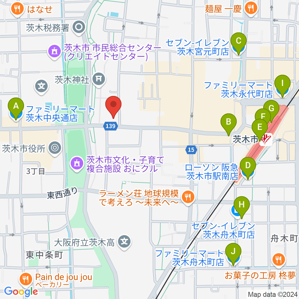 茨木市立男女共生センターローズWAM周辺のコンビニエンスストア一覧地図