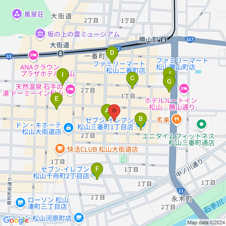 松山MONK周辺のコンビニエンスストア一覧地図