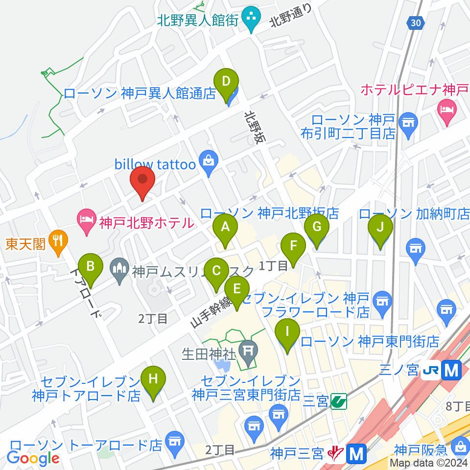 神戸北野ハッピーローラ周辺のコンビニエンスストア一覧地図