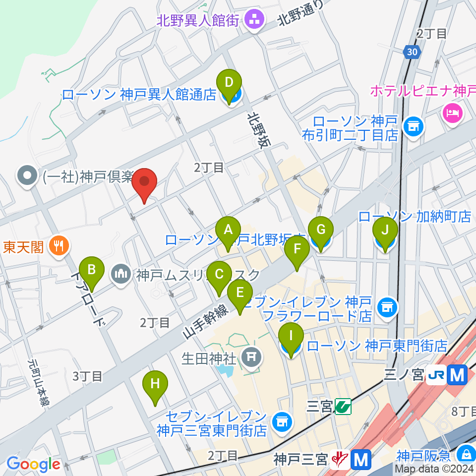 神戸北野ハッピーローラ周辺のコンビニエンスストア一覧地図