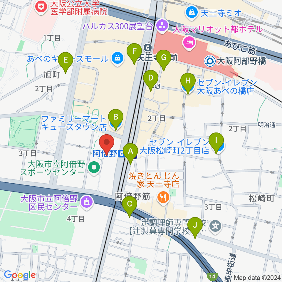 阿倍野市民学習センター周辺のコンビニエンスストア一覧地図