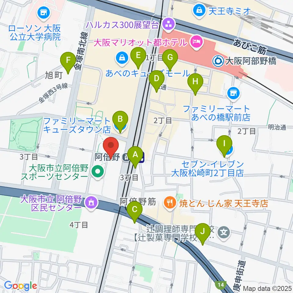 阿倍野市民学習センター周辺のコンビニエンスストア一覧地図